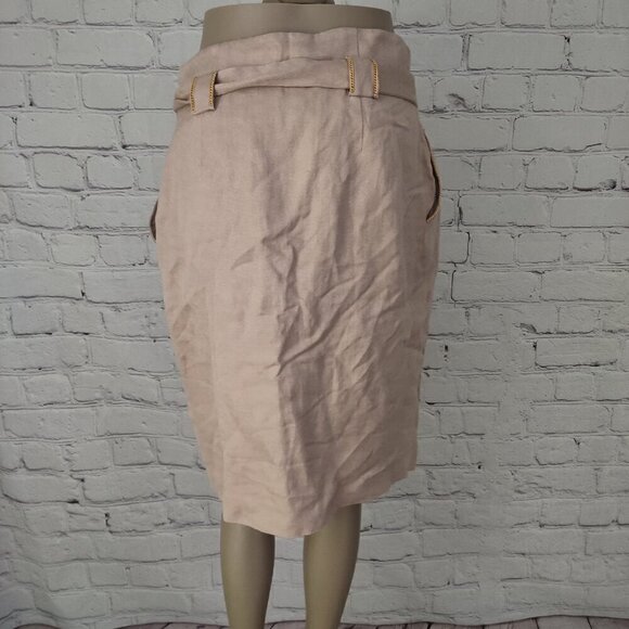 Molinari Belted Pencil Skirt Flax Linen Midi Tan Women's Size 42 US 6 NWT - Picture 5 of 7